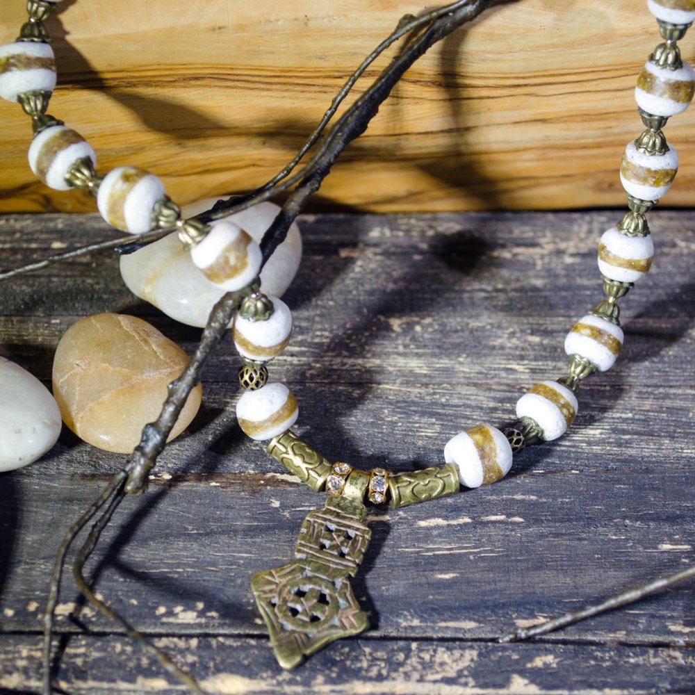 White and Brass Krobo Pendant Necklace
